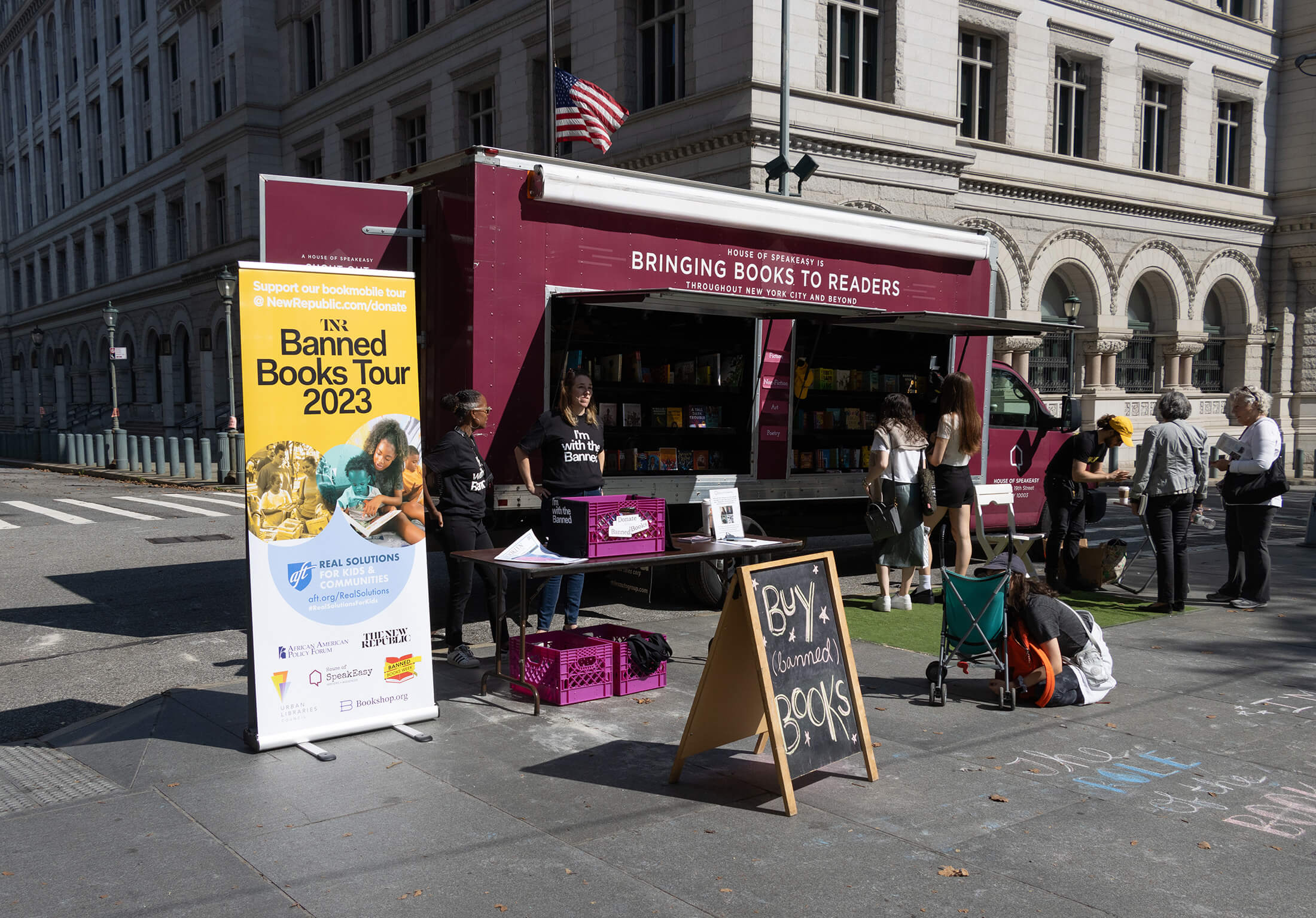 a book trailer with signage about banned books