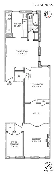 floorplan showing bedrooms at one end and kitchen at the other