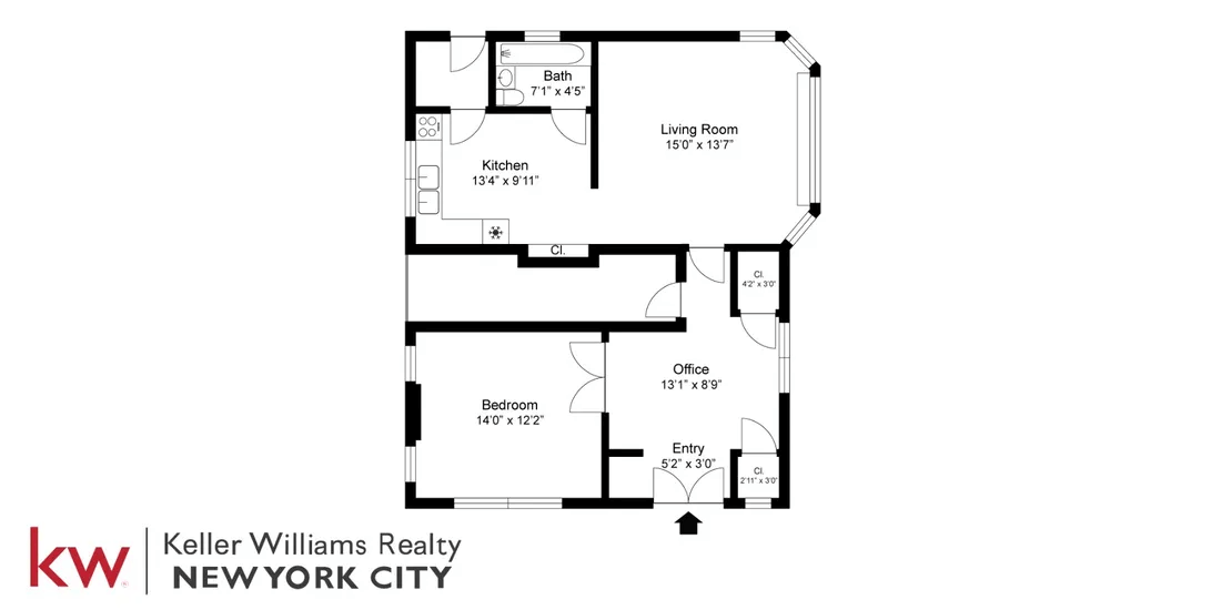 floorplan showing bedroom on one end and kitchen on the other