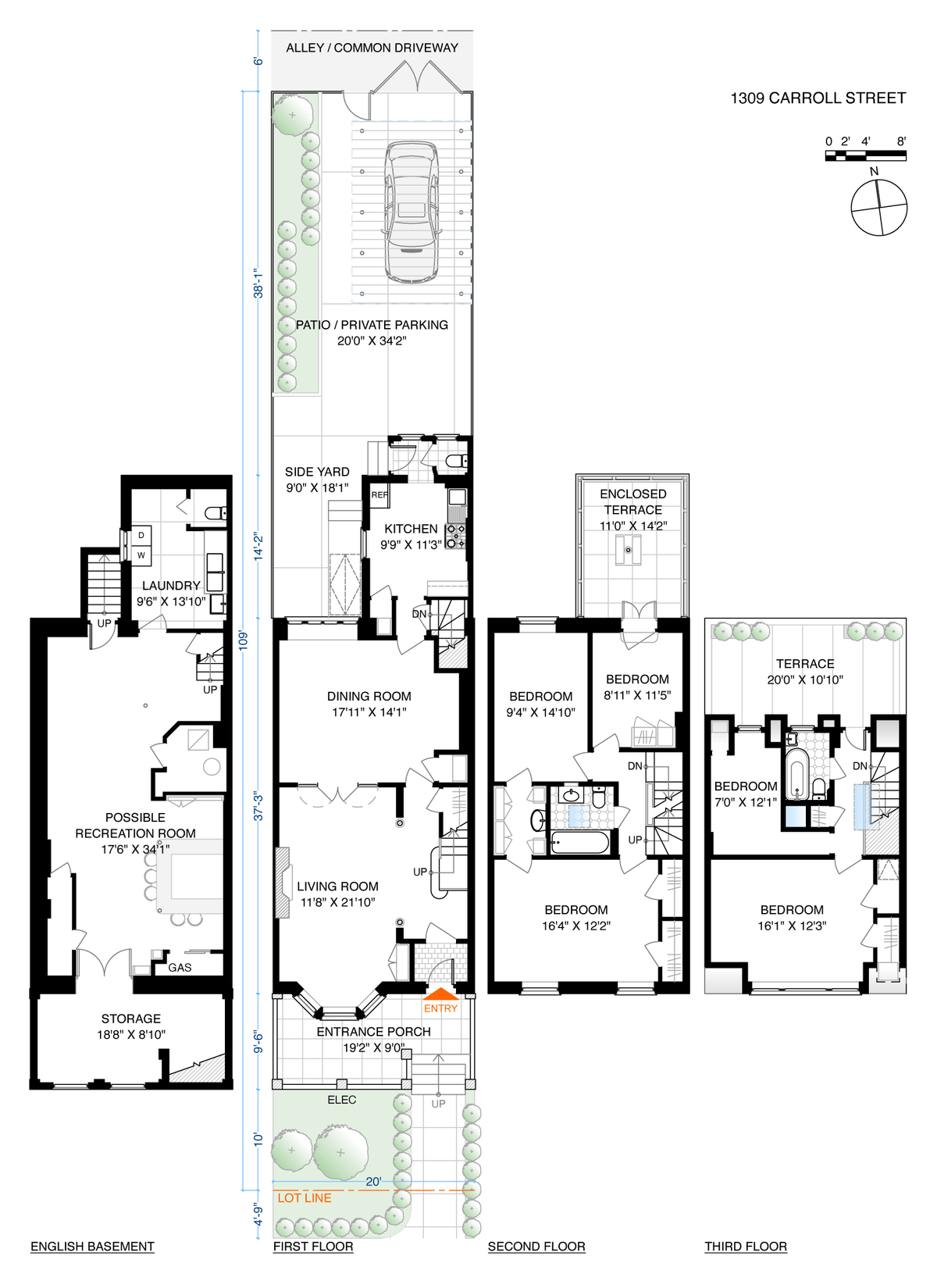 floor plan showing two floors of bedroom space with five bedrooms