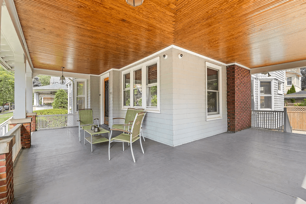 porch with wood slat ceiling