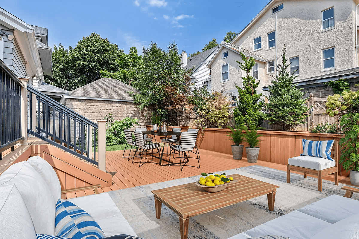 virtually staged deck with seating and dining areas