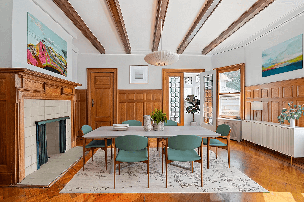 virtually staged dining room with mantel