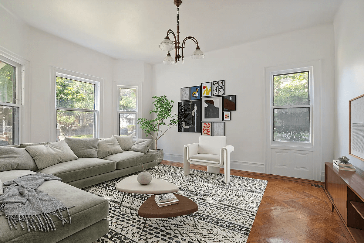 virtually staged living room with large sectional sofa