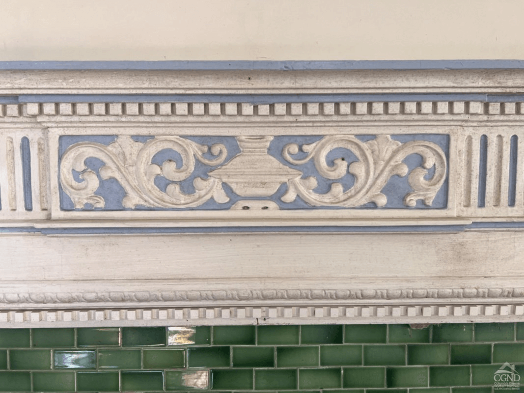 blue and white painted mantel detail