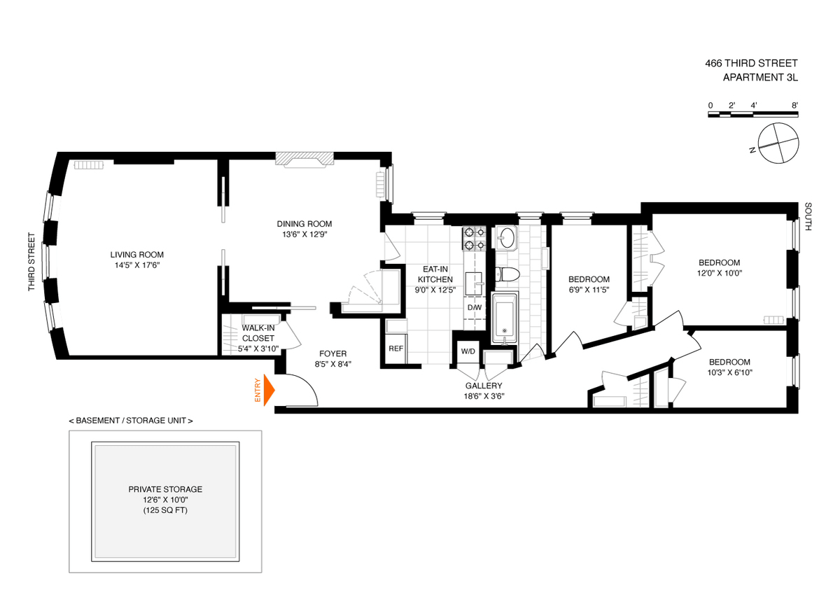 floor plan showing living room on one end of unit with bedrooms at the other end