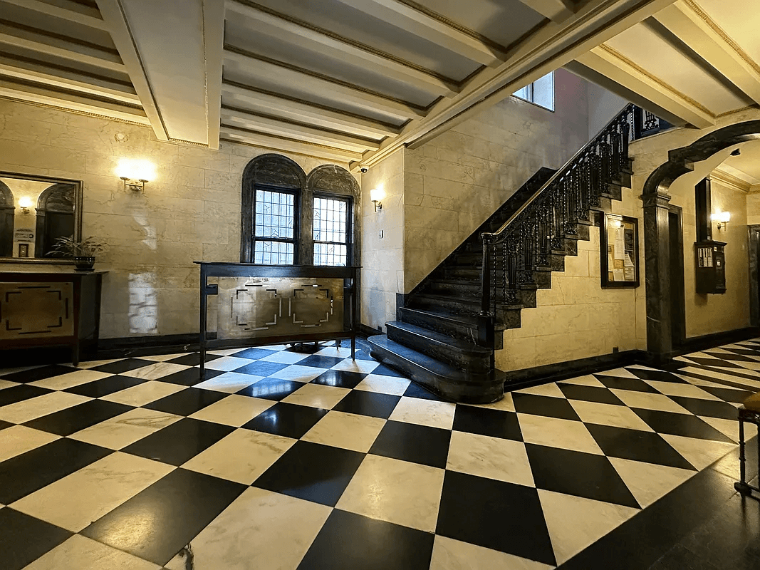 lobby with black and white tile floor