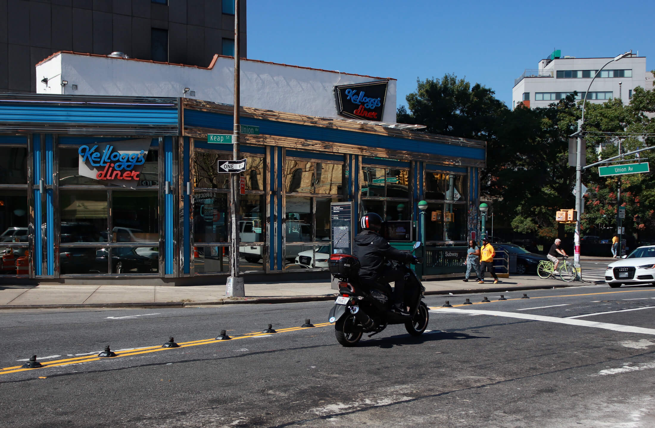 brooklyn - motorcycle and traffic in front of a diner