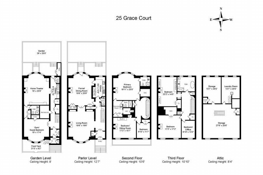 floorplan showing five floors of living space