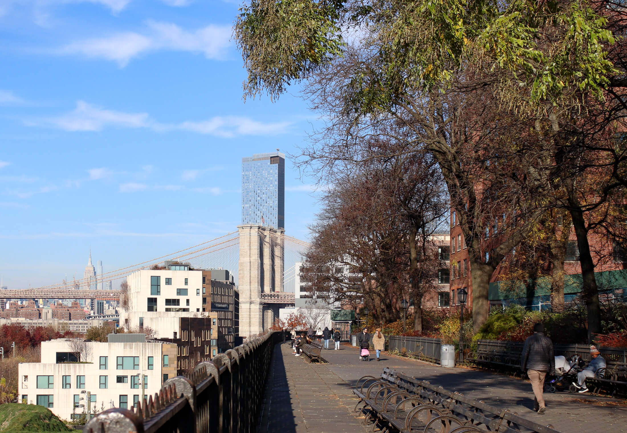 brooklyn - people on the brooklyn heights promenade with a view of the bridge