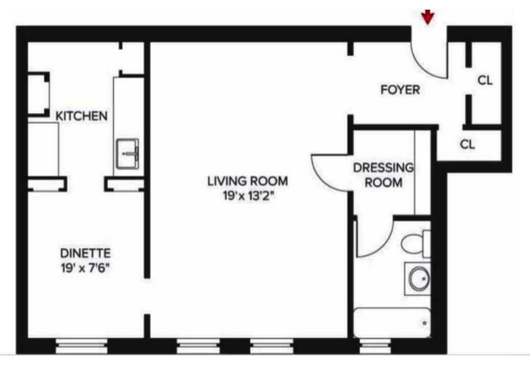 floor plan for the studio showing foyer and dining nook