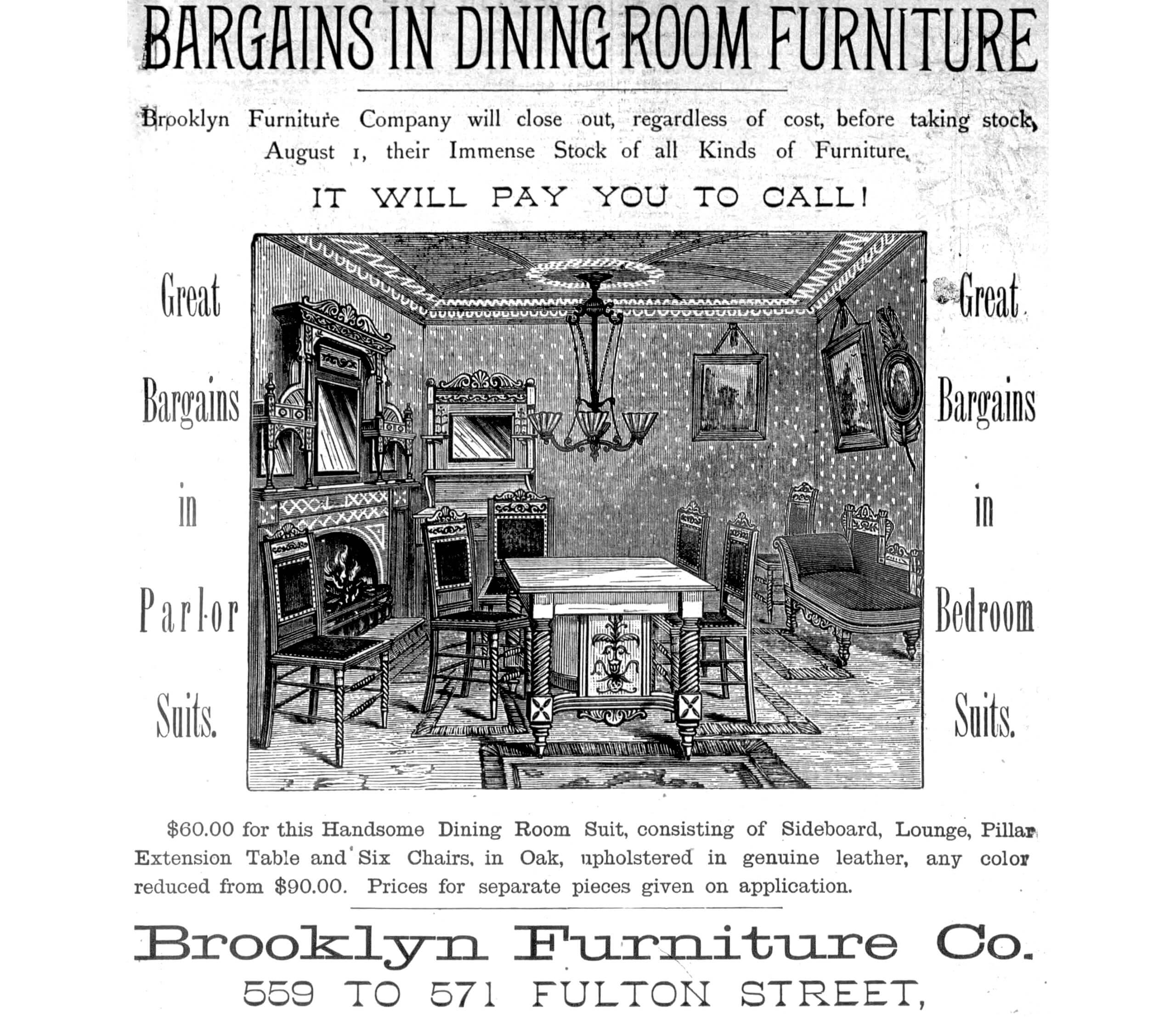 ad for dining room furniture that includes a sketch of a room with a mantel