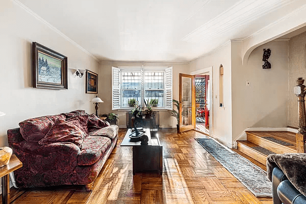 living room with parquet floors