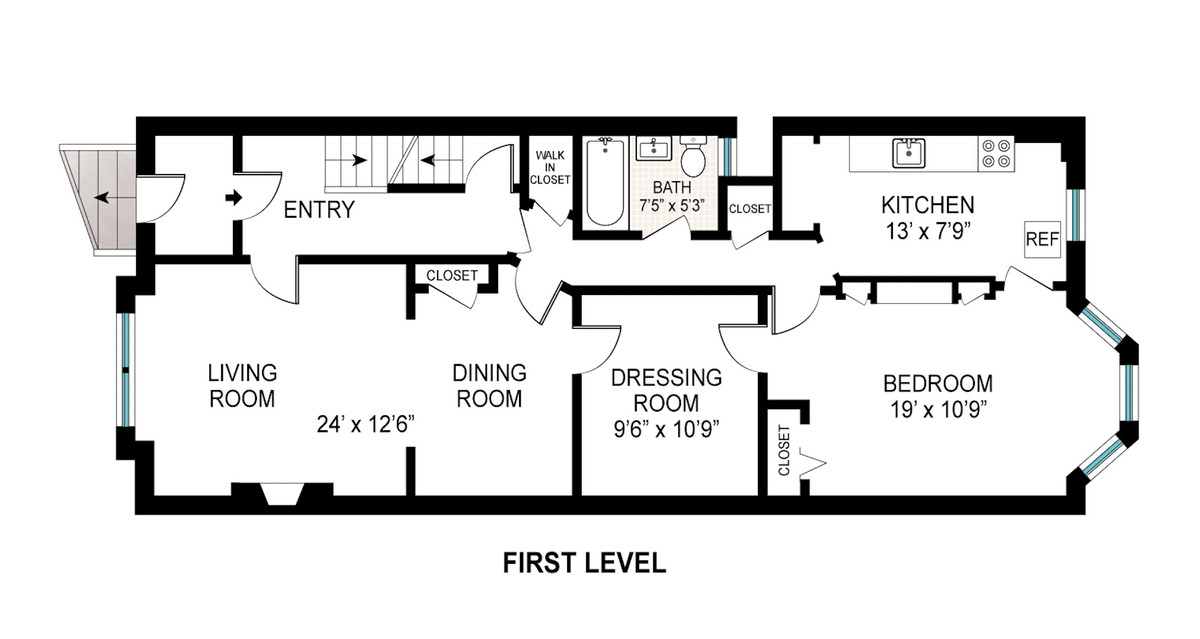 floorplan showing living room at one end and kitchen at the other