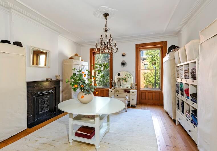 bedroom set up as a dressing room with mantel