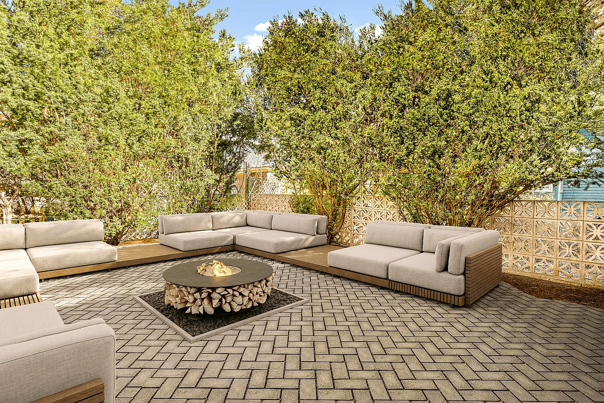 virtually staged rear yard with sofas