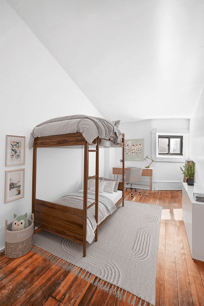 narrow bedroom virtually staged with bunk beds
