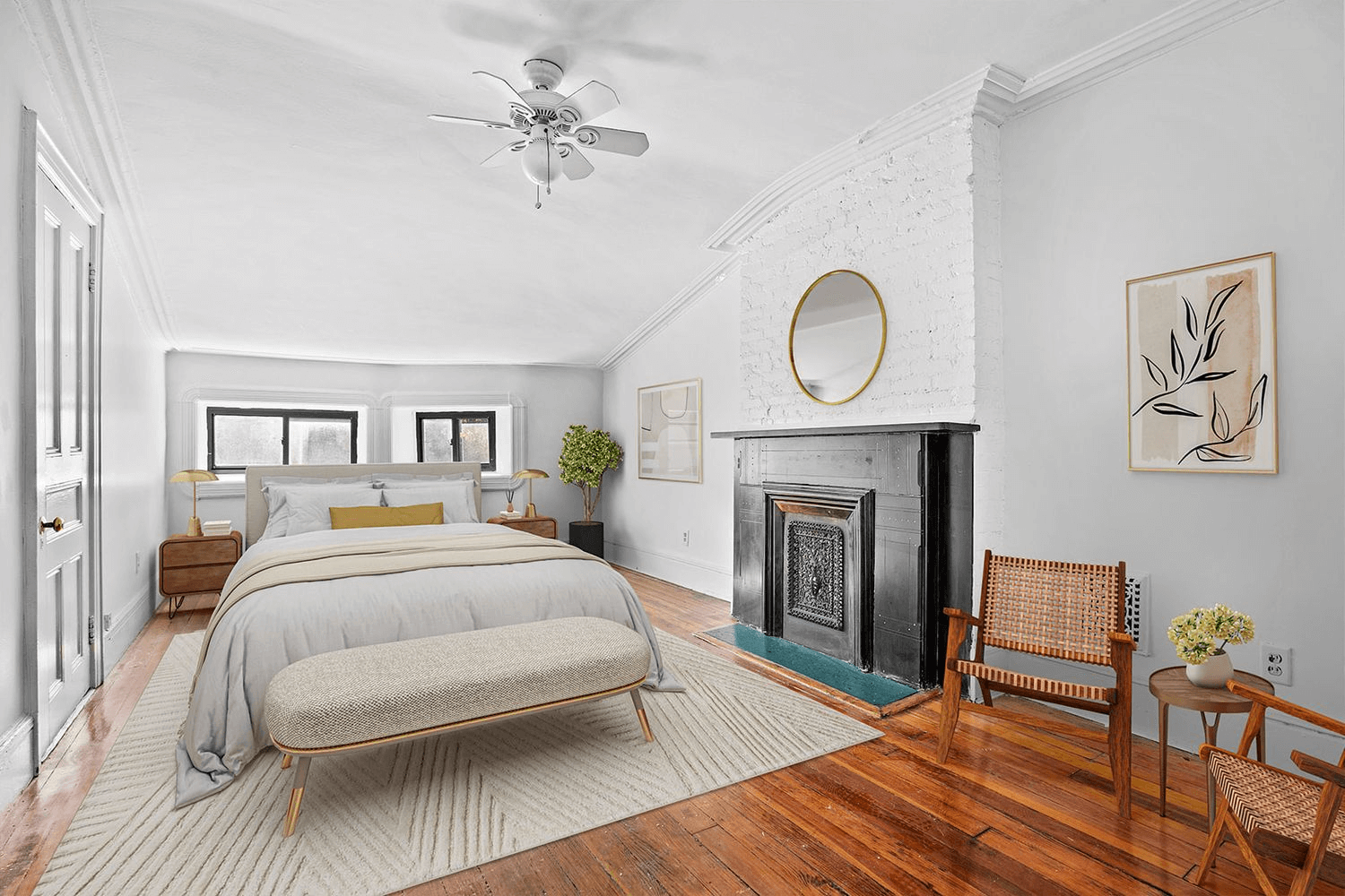 virtually staged bedroom with slate mantel