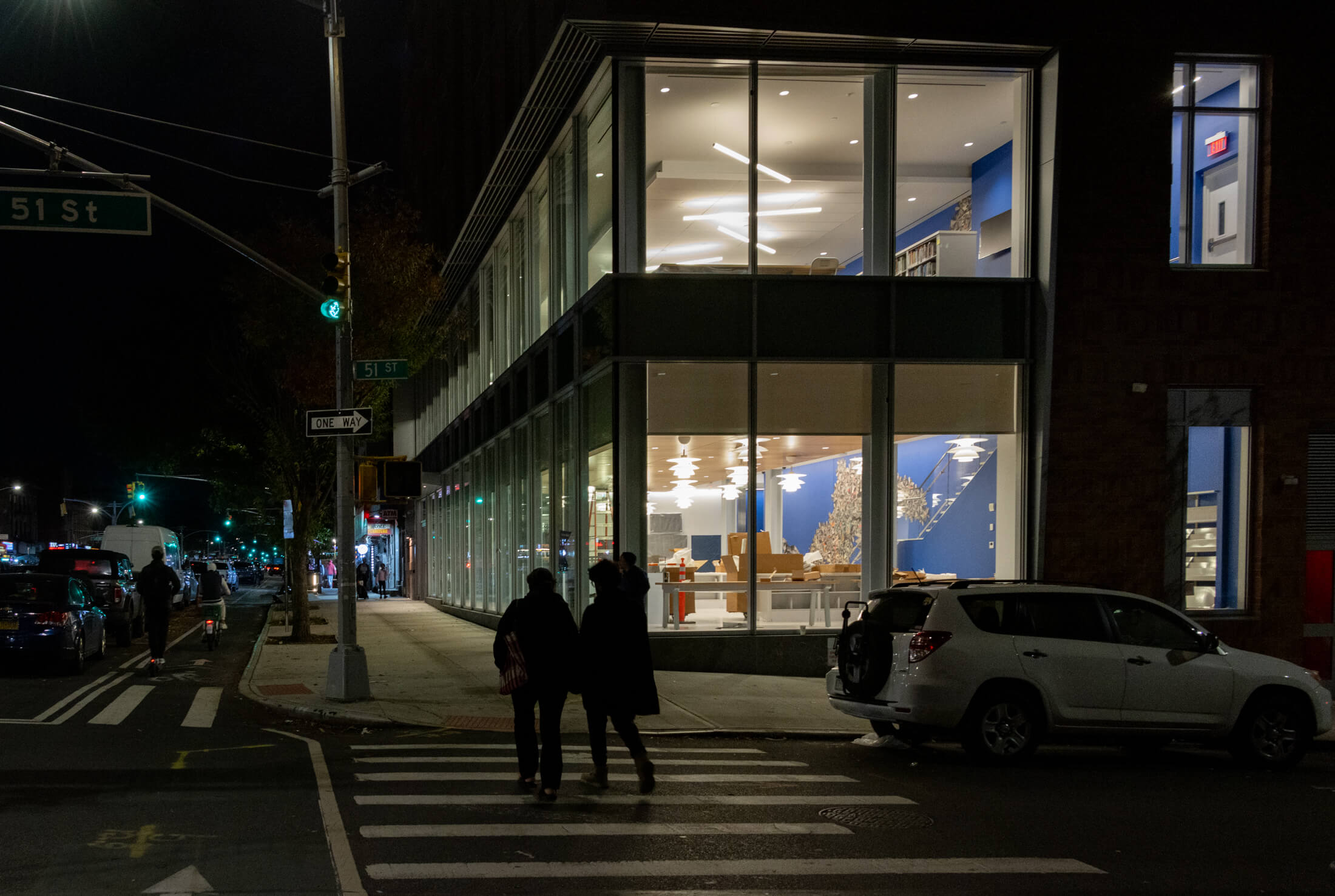 the library lit up at night