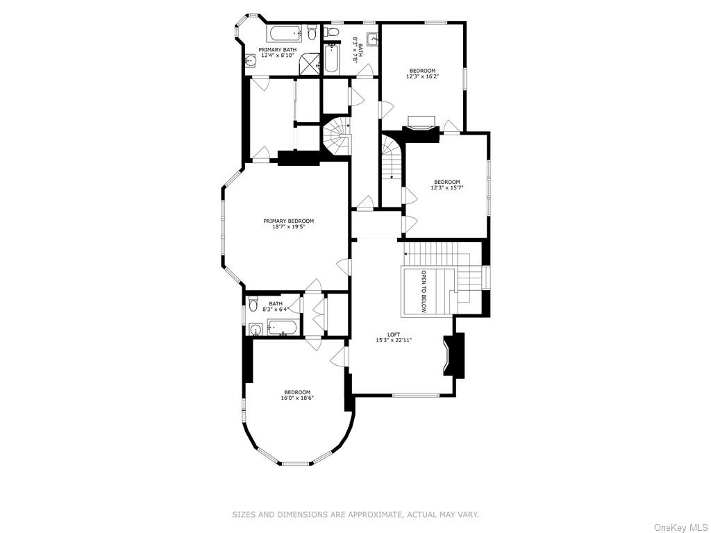 floor plan of second floor with four bedrooms and two bathrooms