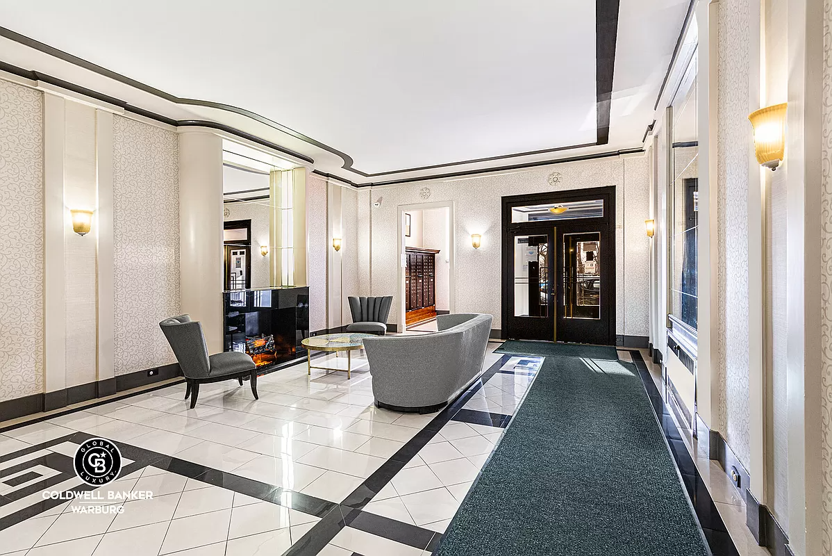 lobby with black and white floor tile