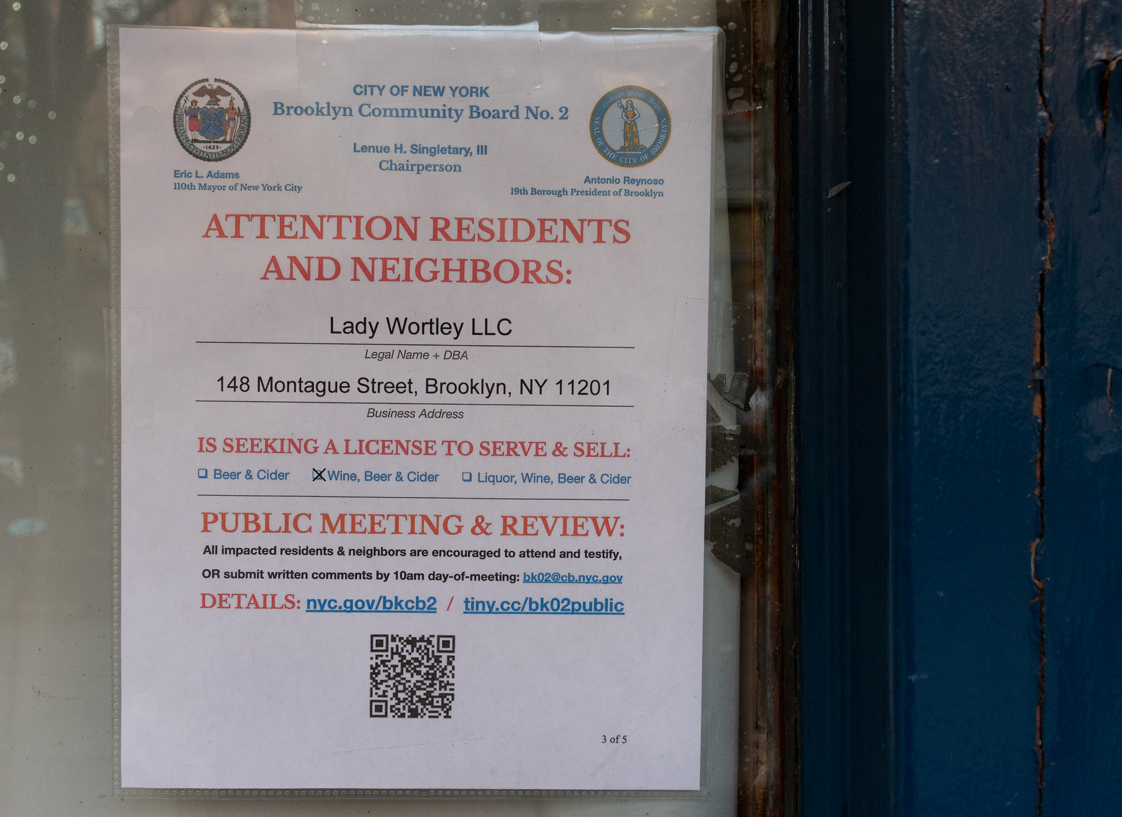 notice in window for liquor license application