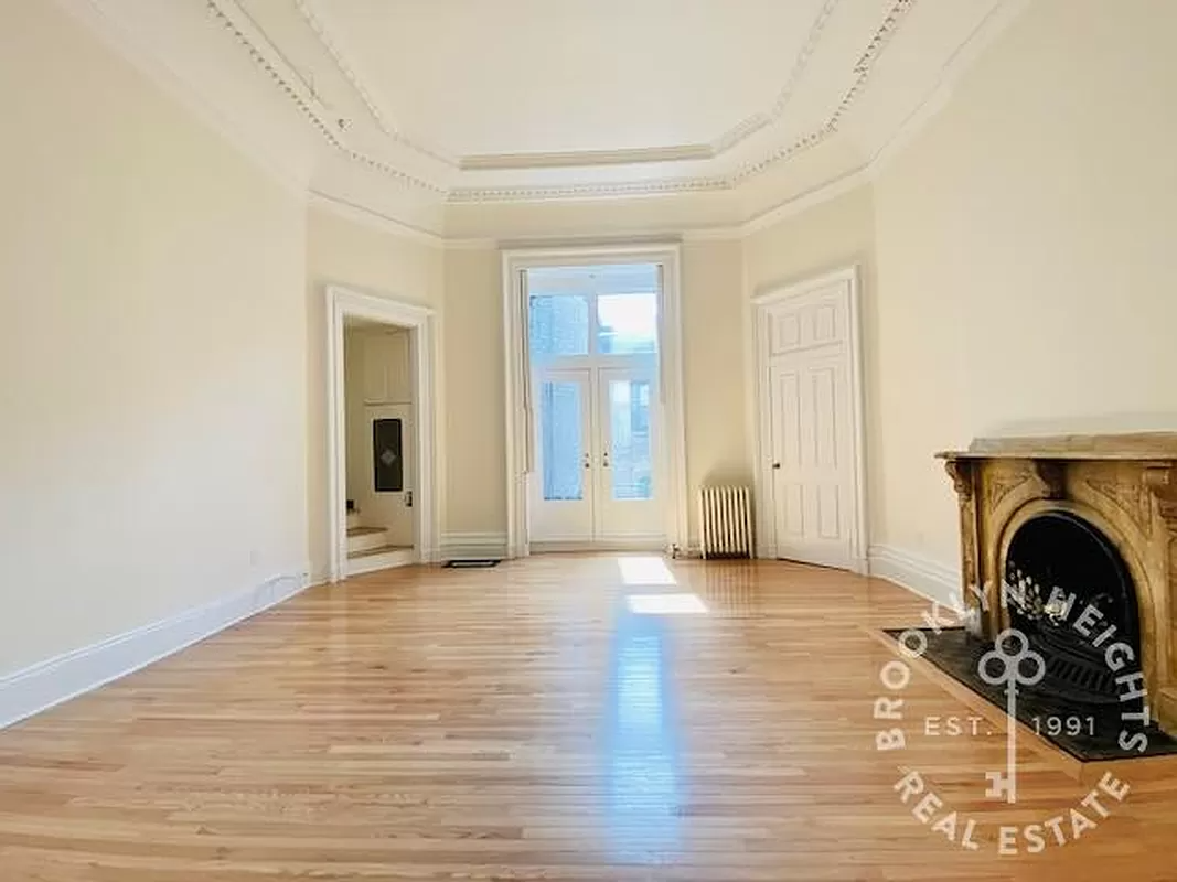 brooklyn heights - living room with mantel, high ceilings, french doors