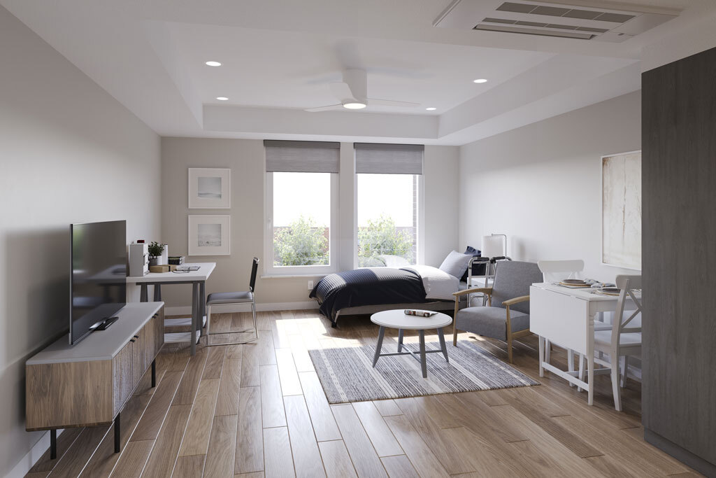 rendering of a studio apartment with a ceiling fan and recessed lights