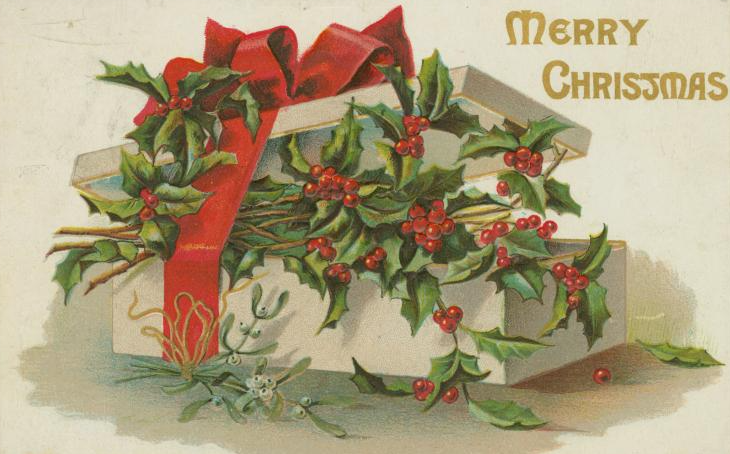christmas poscard showing package of holly