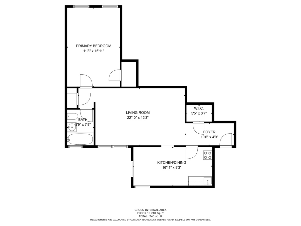 floorplan showing kitchen on one end and bedroom on the other