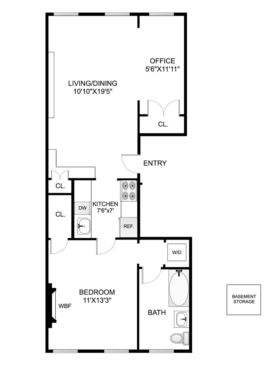 floorplan showing living room on one end and bedroom on the other