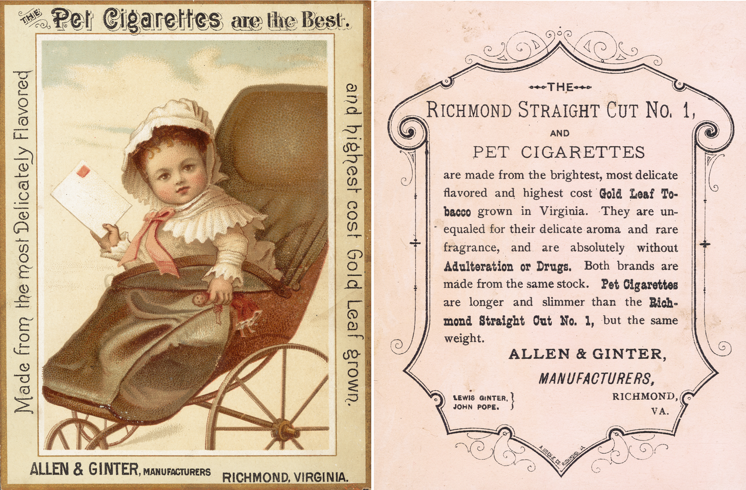 a trade card depicting a baby holding a card with info on the back about Pet cigarettes