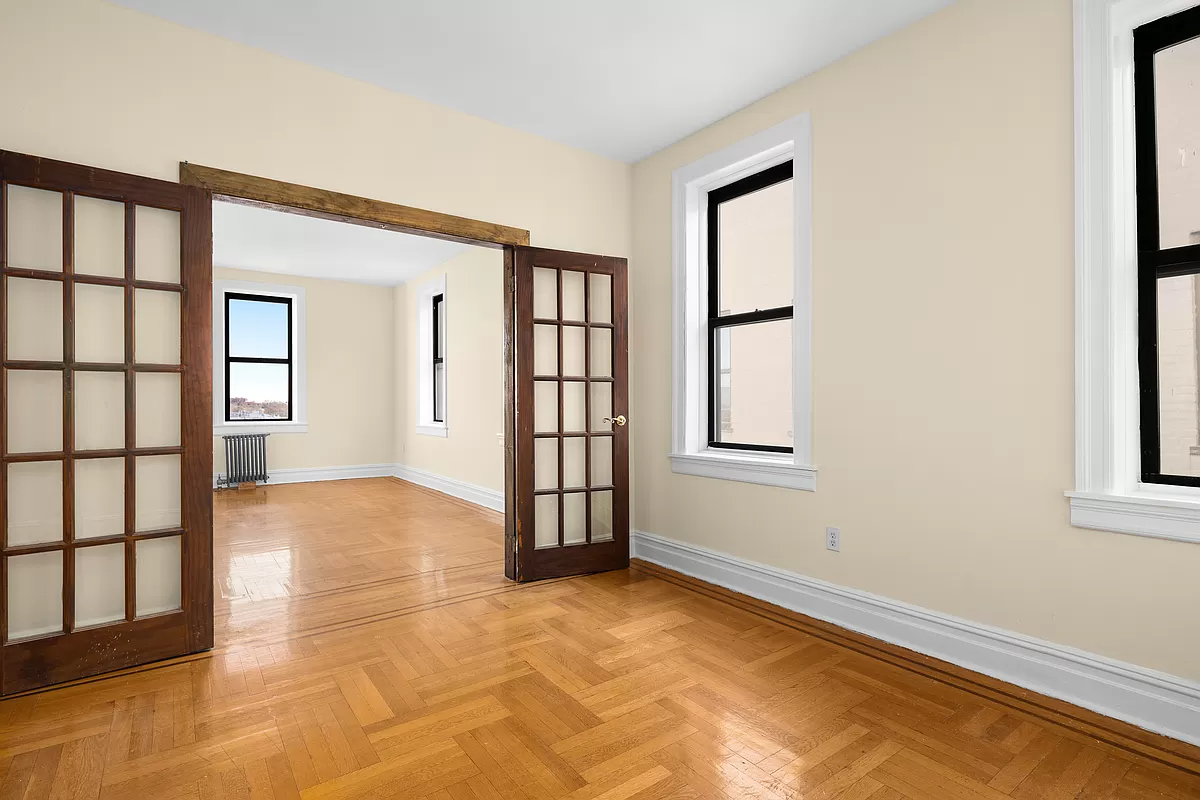 bay ridge - view from dining room to living room with french doors and wood floors