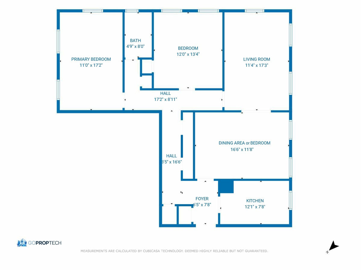 floorplan showing kitchen near entrance and bedrooms at other end of hall