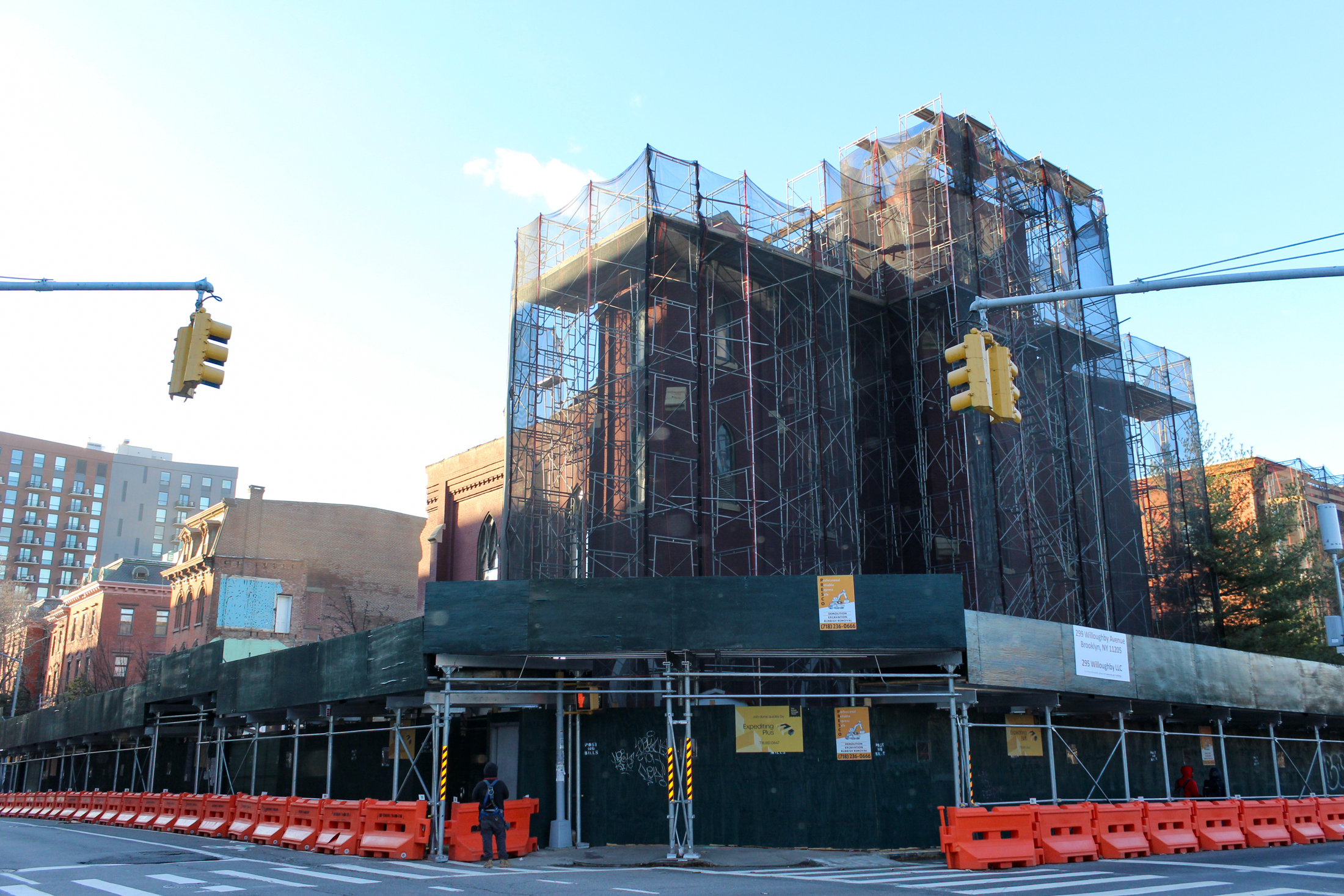 scaffolding on front of church