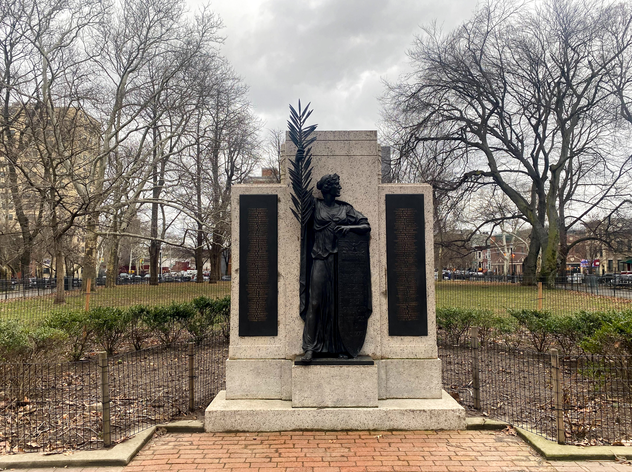brooklyn - war memorial in saratoga park with scrolls on either side of a central figure