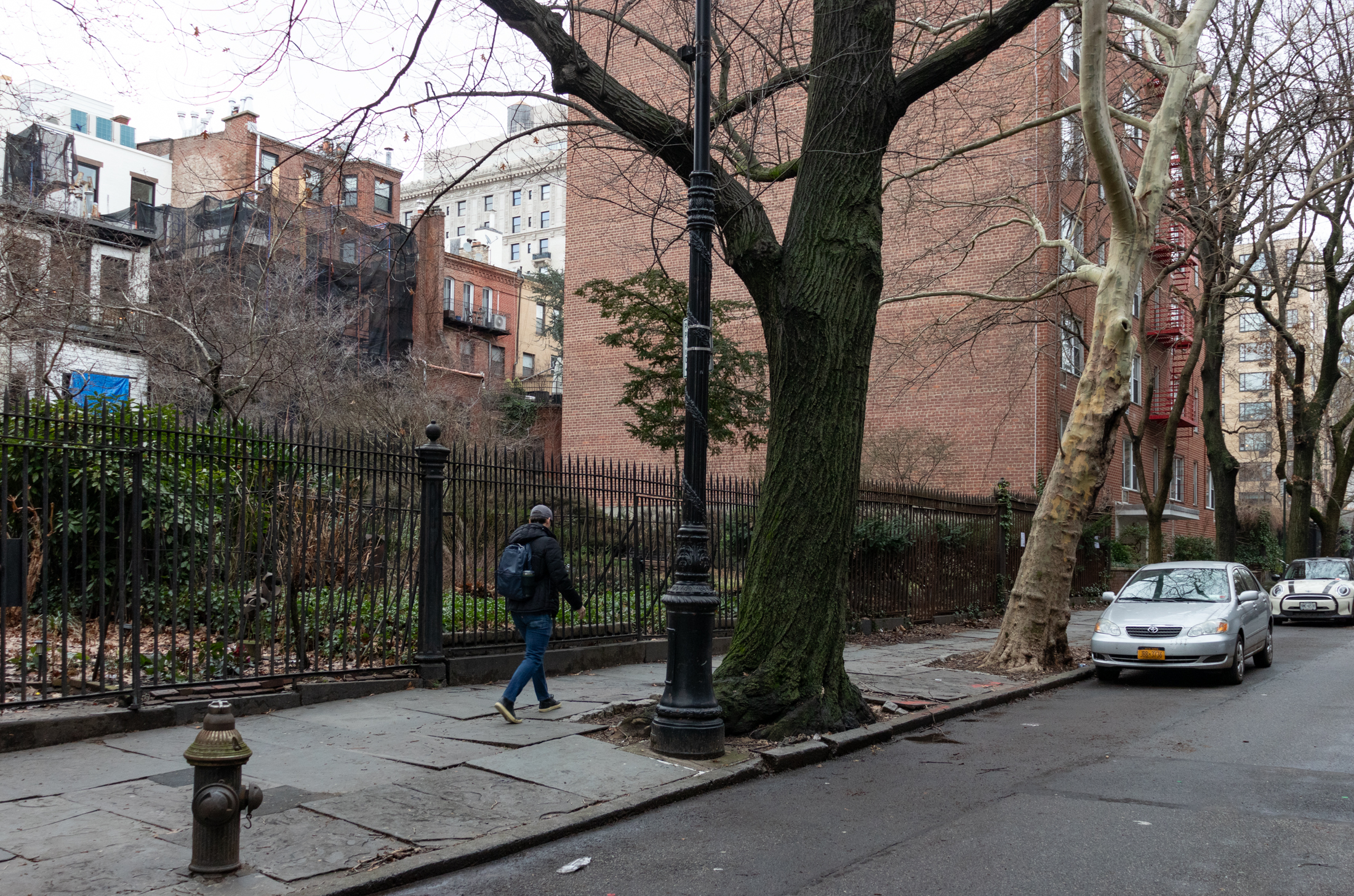 brooklyn heights - view along sidewalk of garden lots behind iron fence