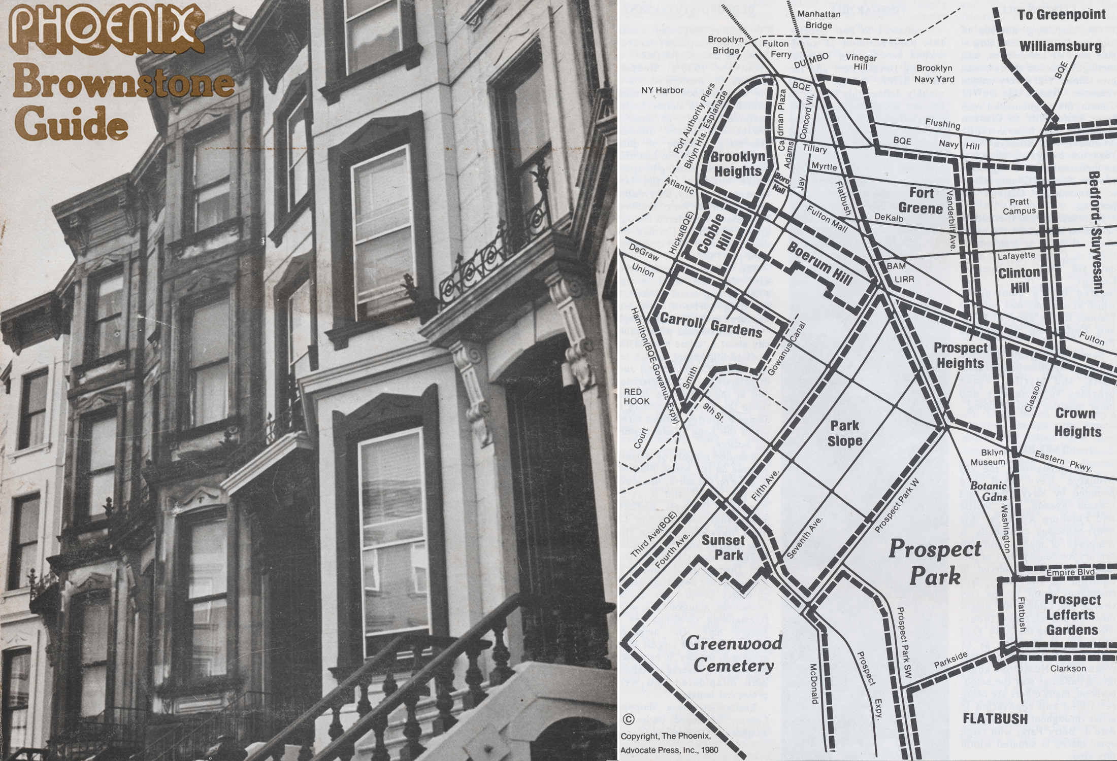 black and white cover of the book showing brownstones and a map of the borough