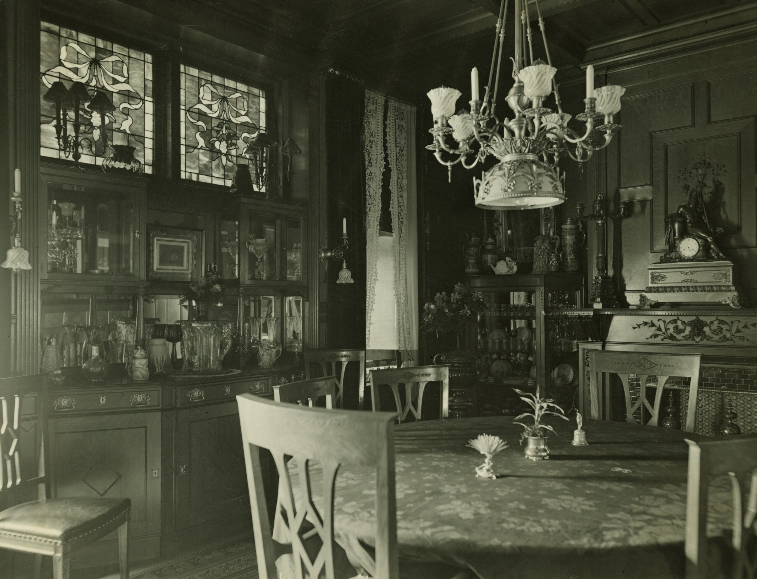 dining room with stained glass windows