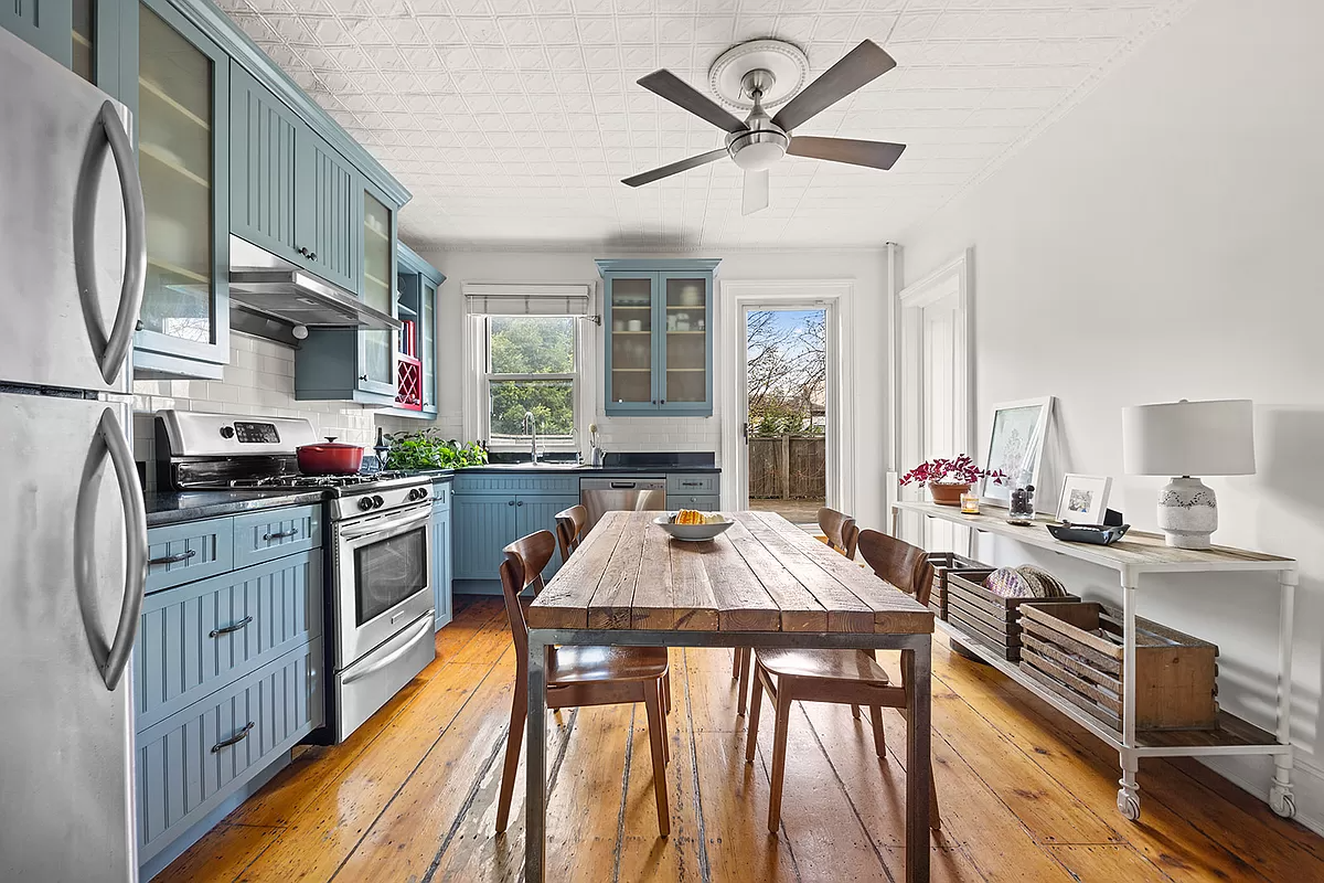 kitchen with blue cabinets