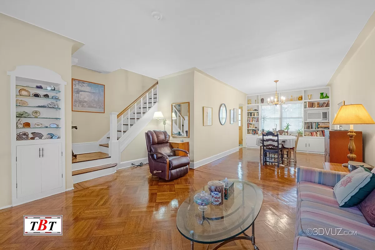 living room with wood floor and built-in storage