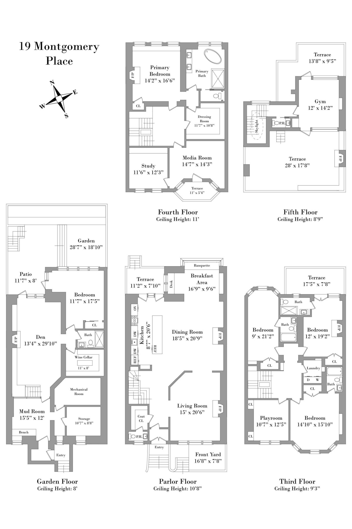 floorplan showing five floors of living space with terraces and gym on the top floor