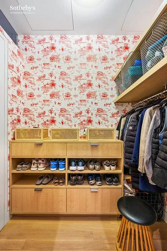 closet with brooklyn toile wallpaper in red