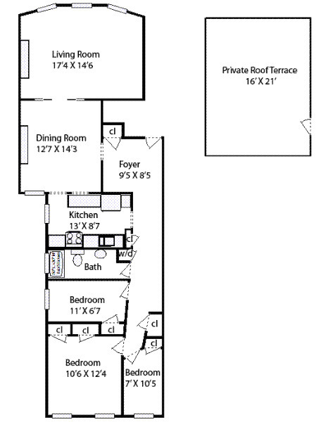 floorplan with bedrooms on one end and living room on the other end of the unit