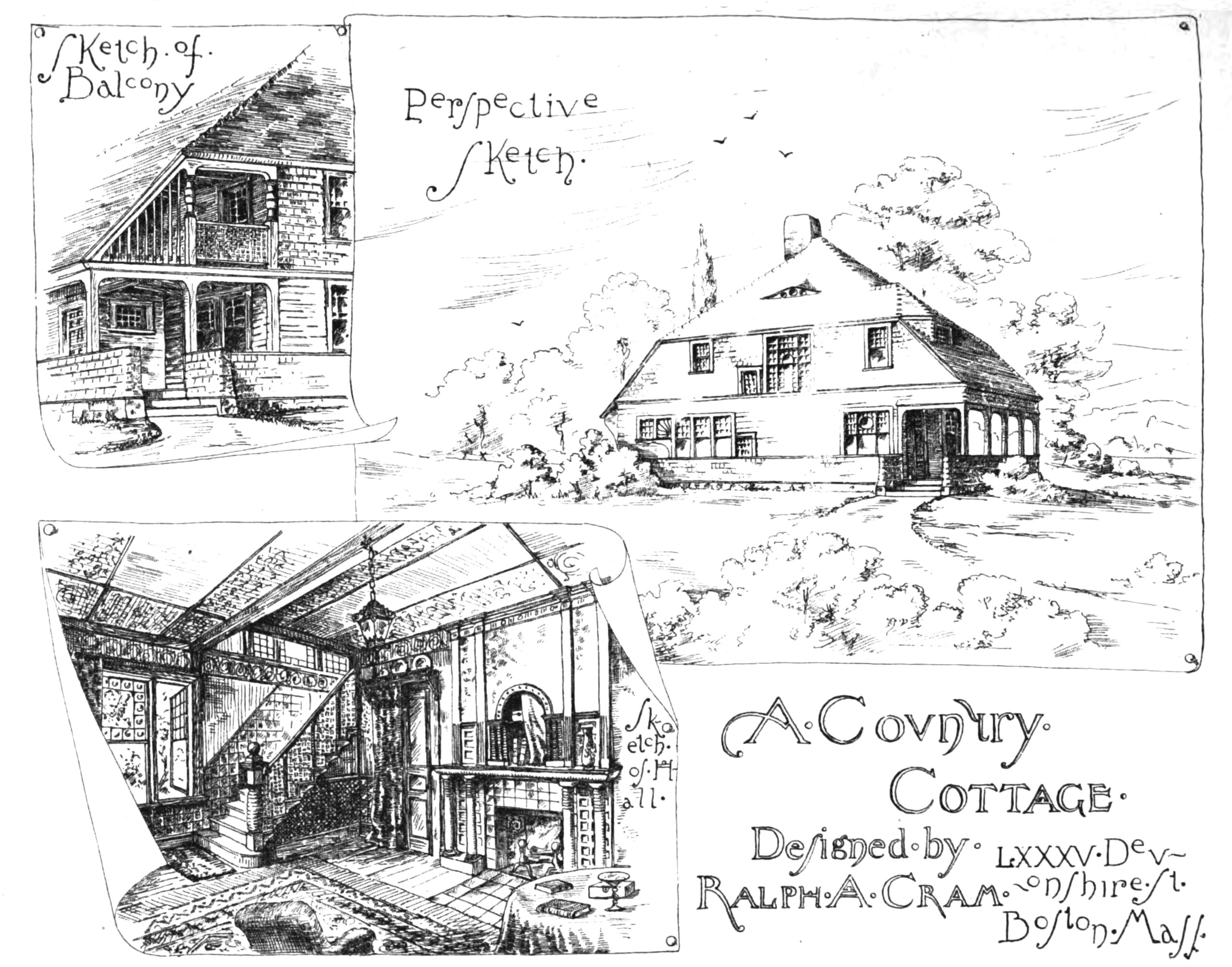 black and white sketch of a cottage exterior and an interior showing a mantel and stair