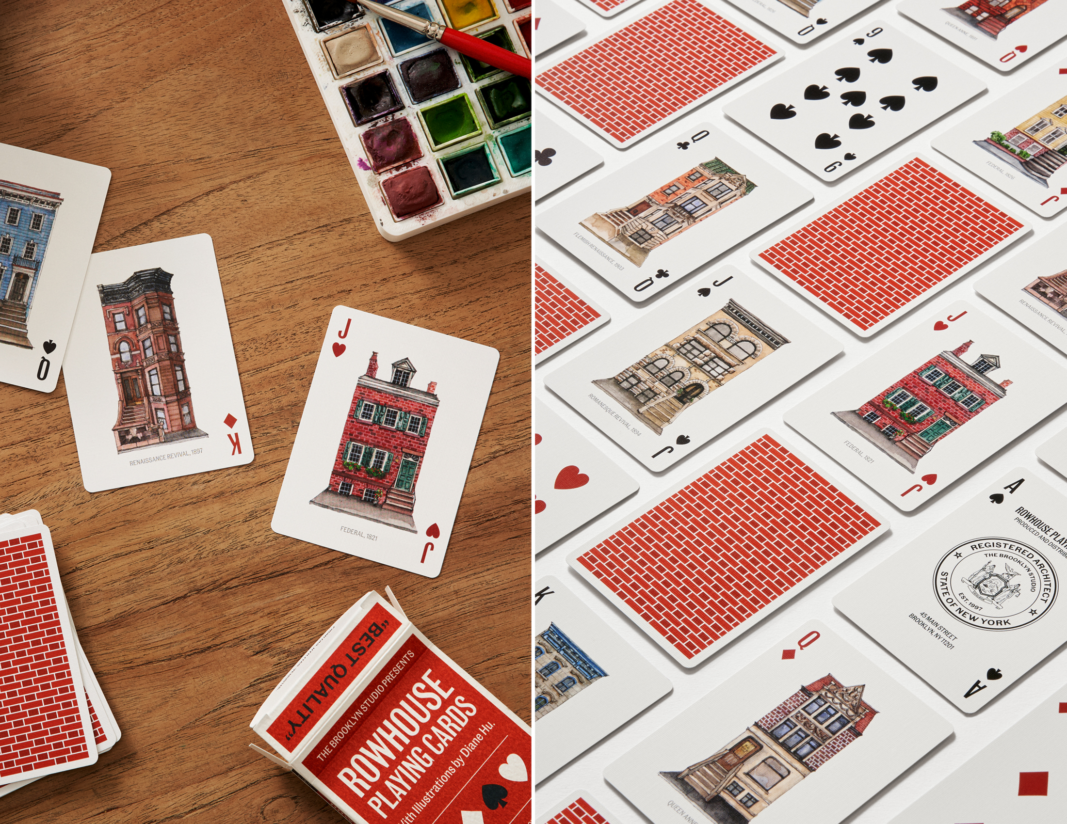 images of the playing cards with rowhouses on one side and brick on the other