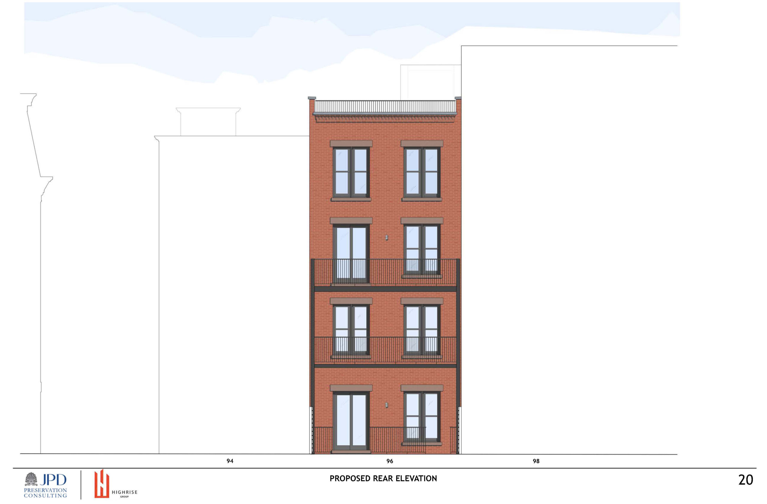 rendering of the brick rear facade of  the proposed building 