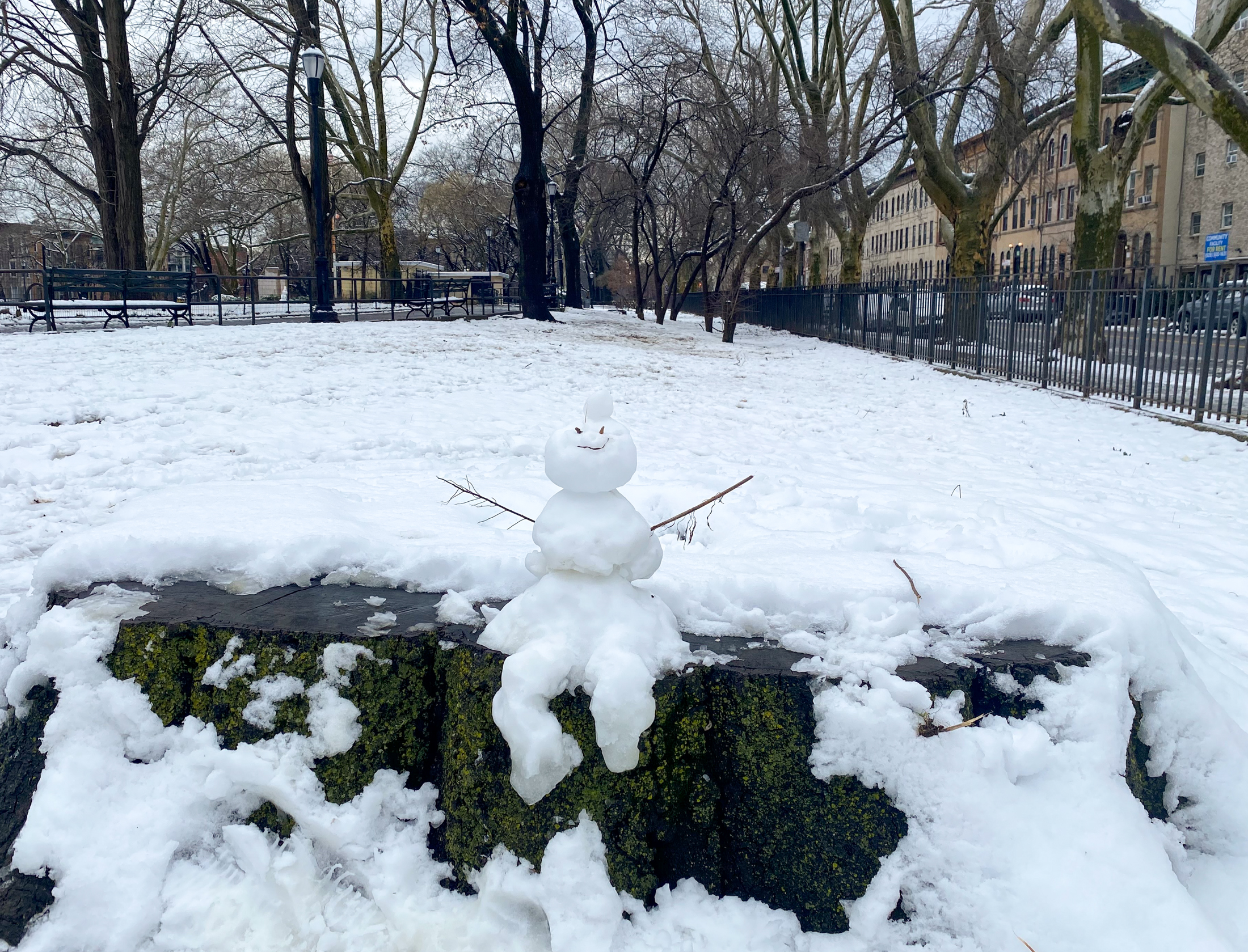 brooklyn - small snow creature sitting on a stump in bed stuy