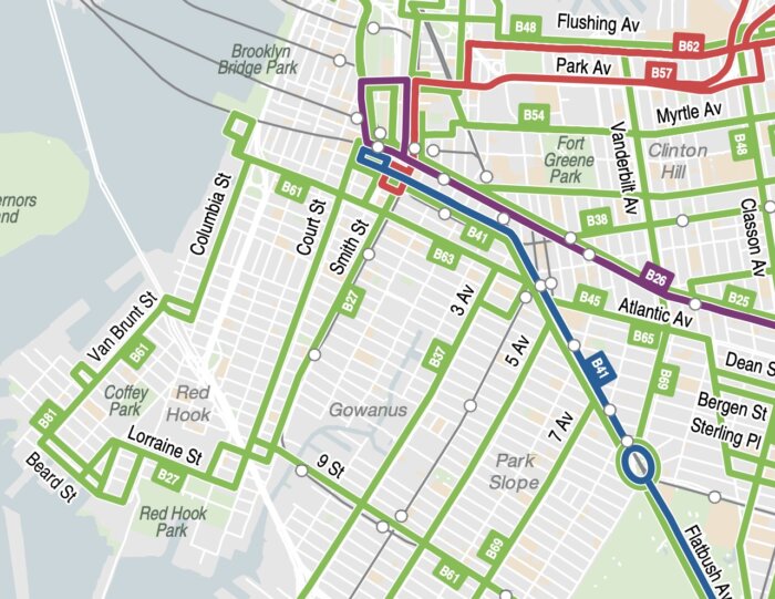 map showing routes of buses near red hook