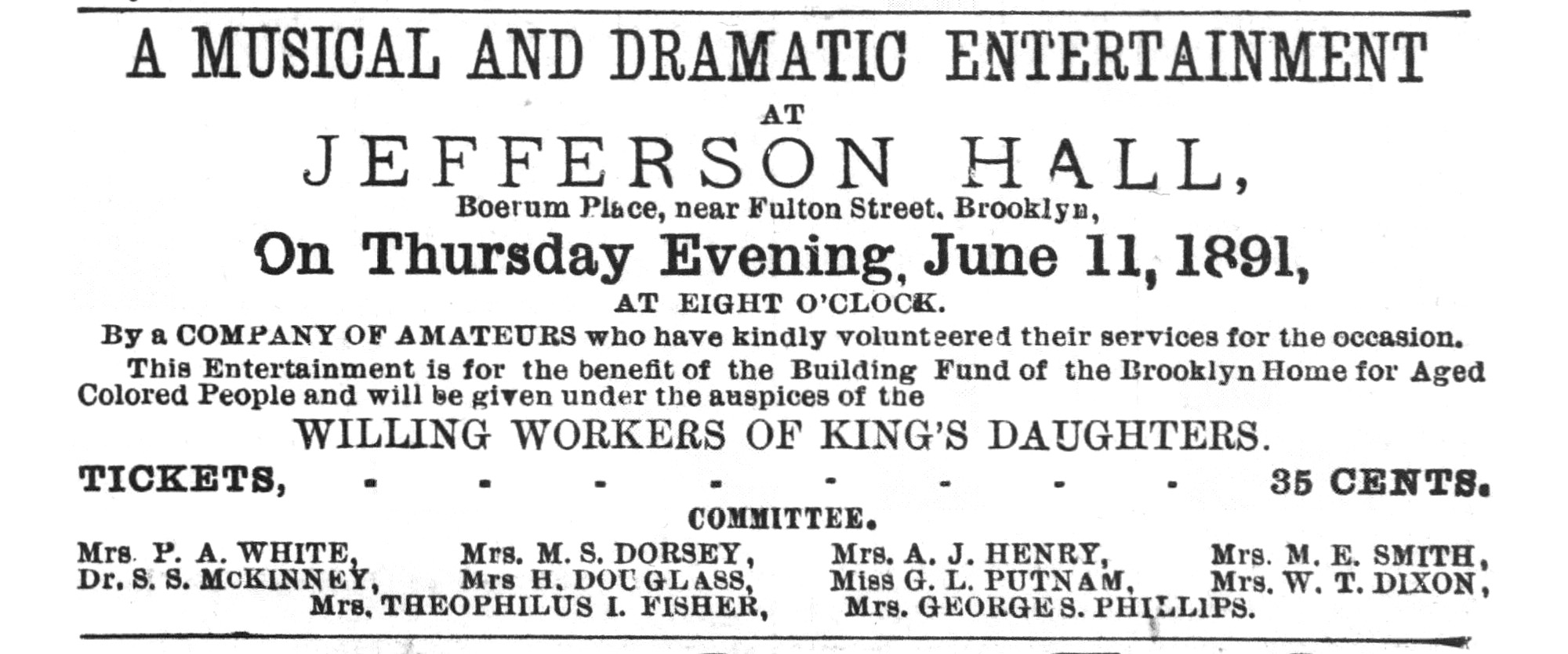 ad for a musical benefit at jefferson hall